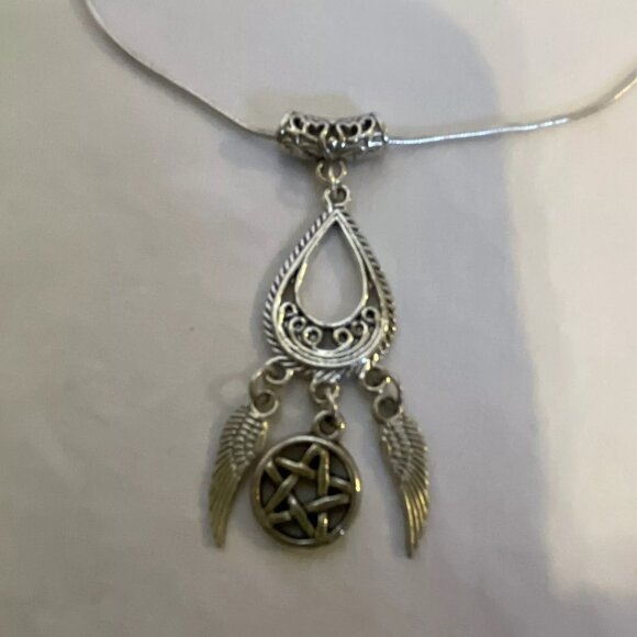 Teardrop Dangle Angel Wings Pentagram Star 925 Necklace 18" Matching Earrings - Picture 5 of 14